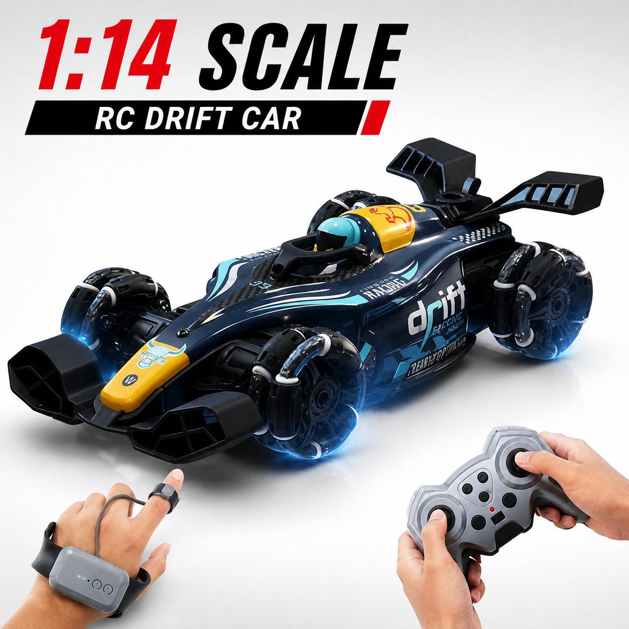RC 4x4 Rise X One Drift Smoke Car, 2.4Ghz Hand Sensor Gesture Control Sports Racing Car, 360° Rotation with Lights, Music & Spin Stunt Remote Control Cars for 4+ | 1:14 Scale | Best Birthday Gift