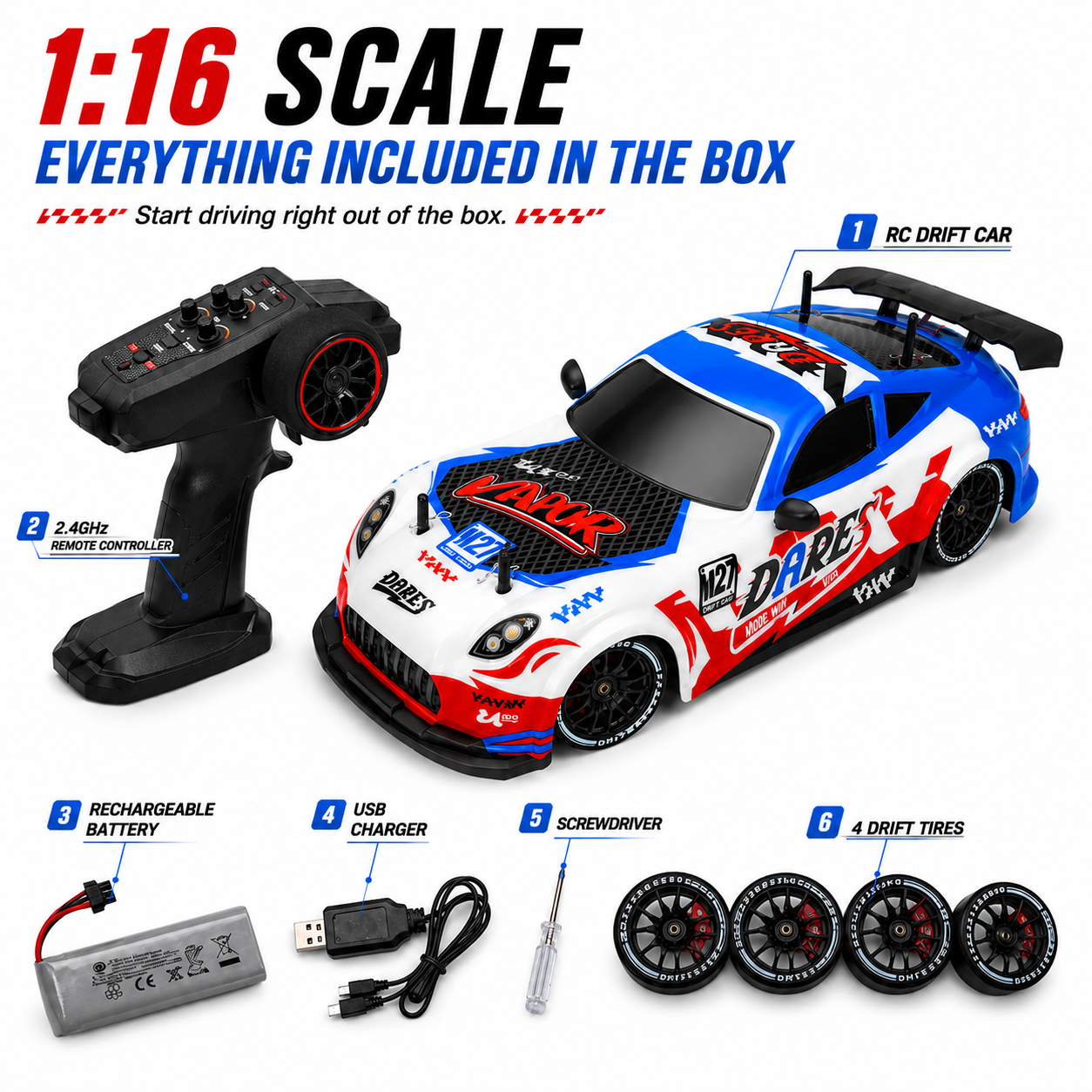 2.4GHz RC Drift Racing Car with Drift Wheels & Rechargeable Battery | 1:16 Scale| High-Speed Remote Control Car for Kids & Adults