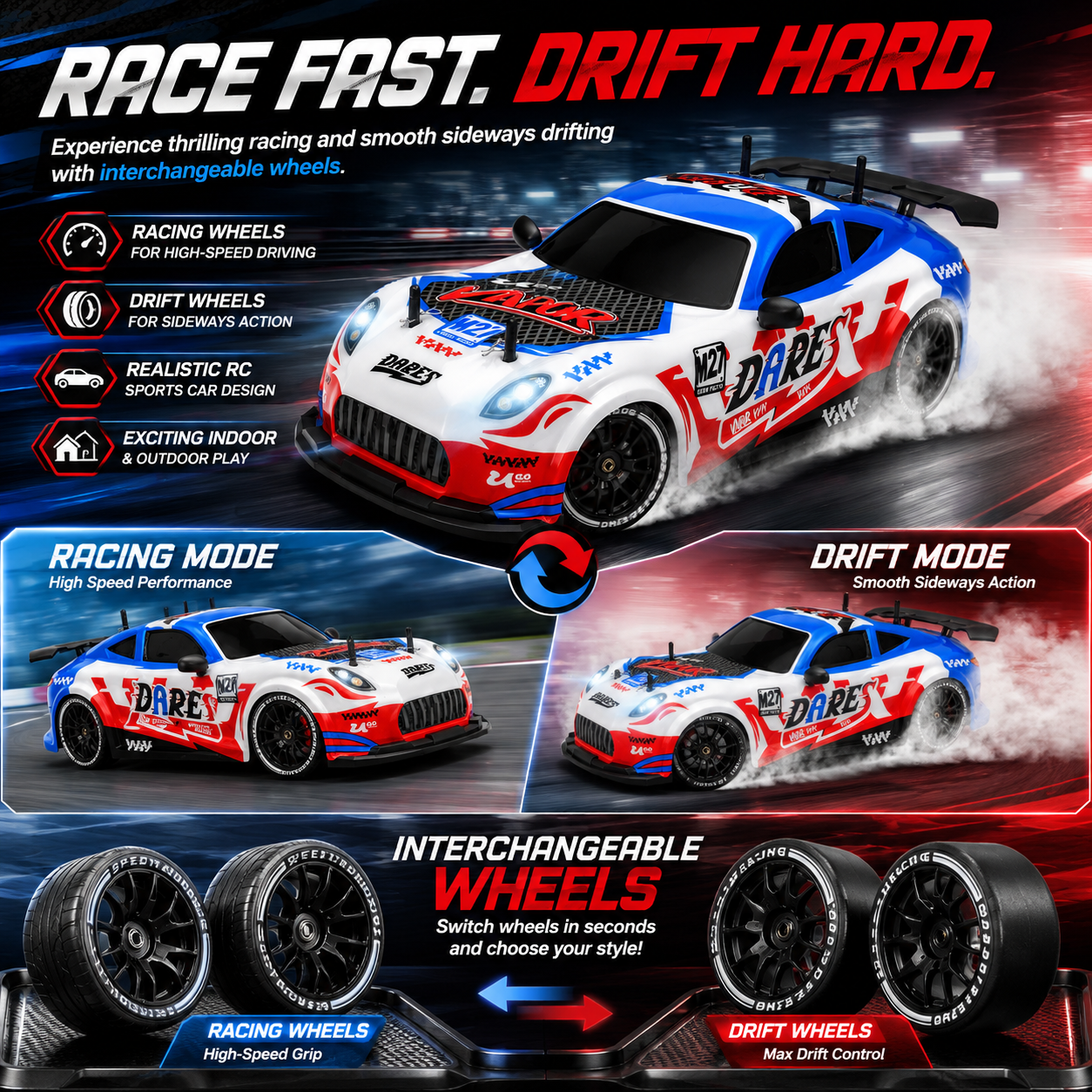 2.4GHz RC Drift Racing Car with Drift Wheels & Rechargeable Battery | High-Speed Remote Control Car for Kids & Adults