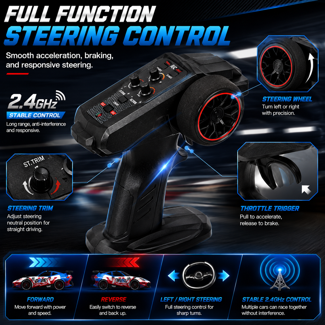 2.4GHz RC Drift Racing Car with Drift Wheels & Rechargeable Battery | High-Speed Remote Control Car for Kids & Adults