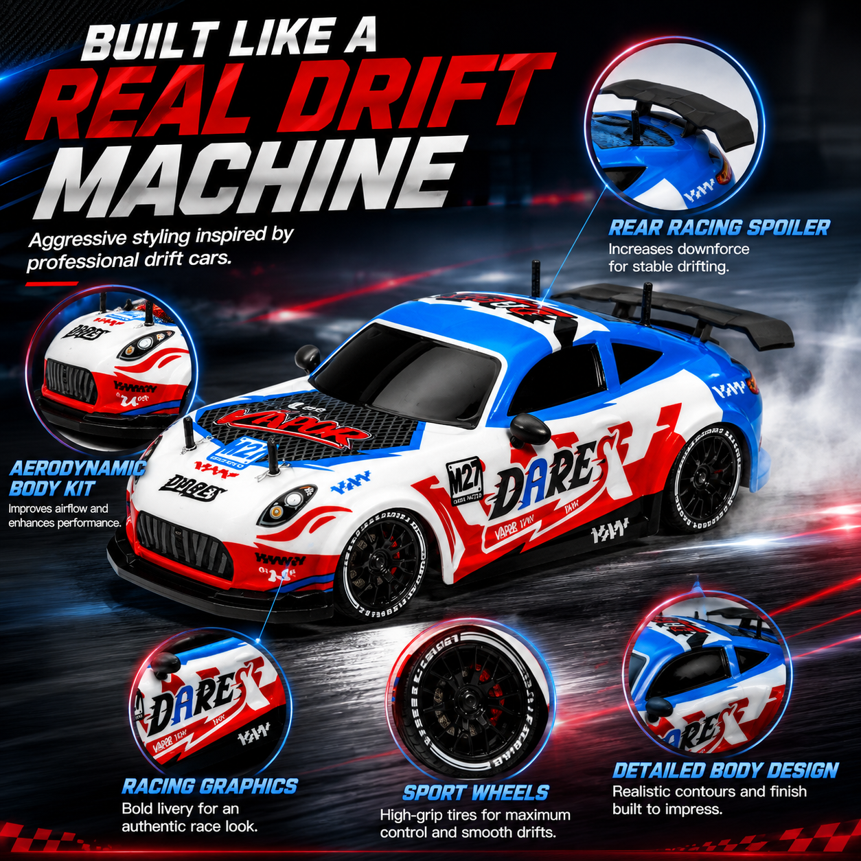 2.4GHz RC Drift Racing Car with Drift Wheels & Rechargeable Battery | High-Speed Remote Control Car for Kids & Adults
