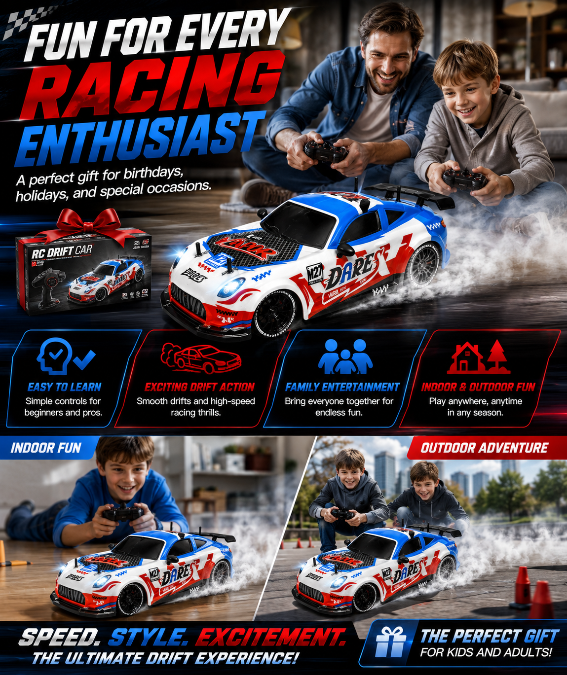 2.4GHz RC Drift Racing Car with Drift Wheels & Rechargeable Battery | High-Speed Remote Control Car for Kids & Adults