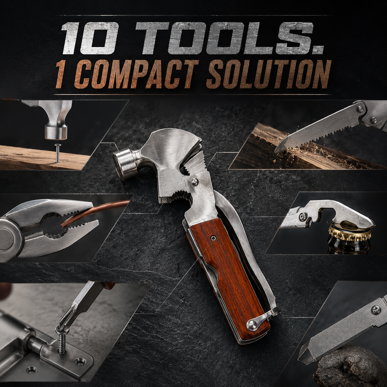 CRAZINOS 10-in-1 Multi Tool Hammer Axe | Stainless Steel Camping Survival Tool with Hatchet, Pliers, Saw & Screwdrivers
