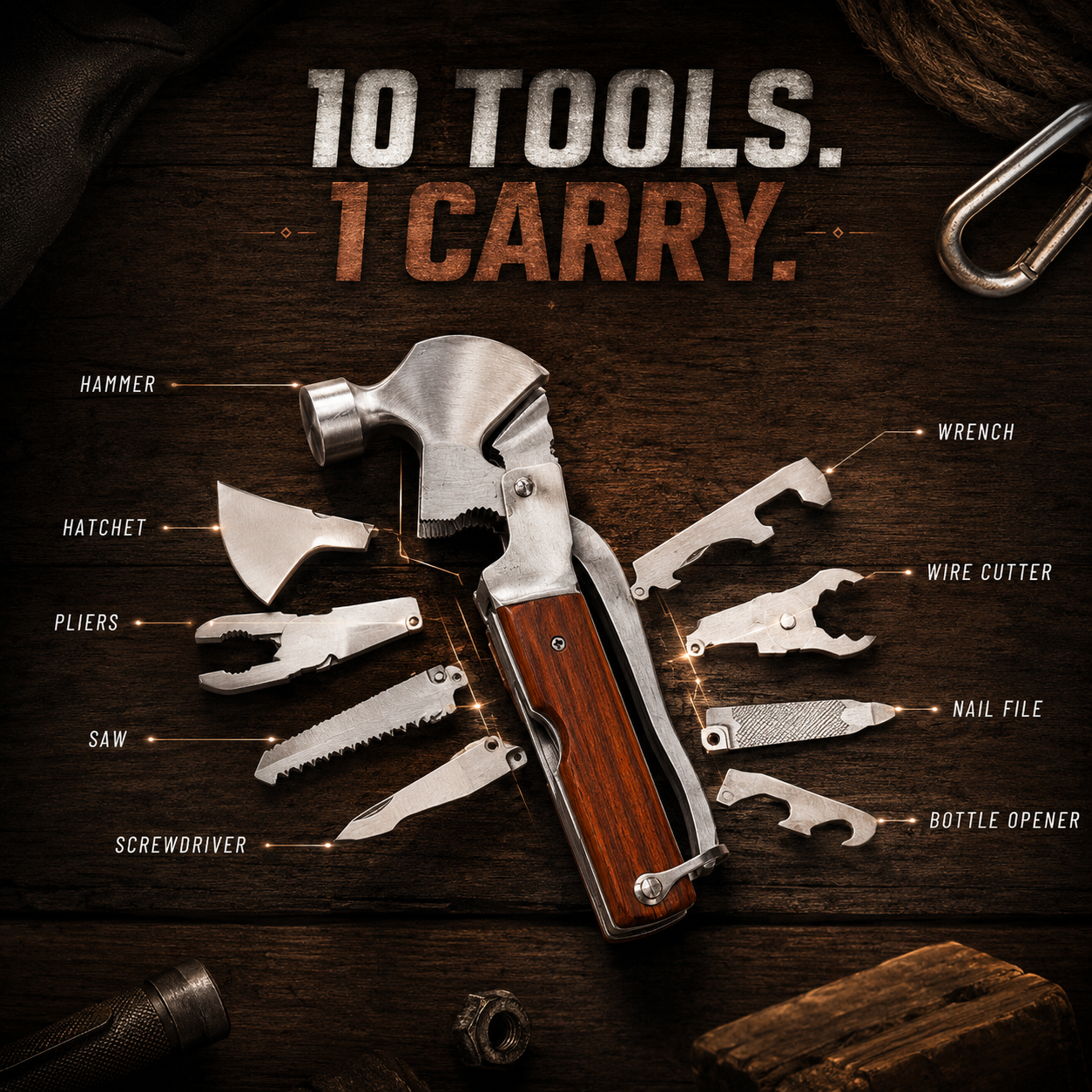 CRAZINOS 10-in-1 Multi Tool Hammer Axe | Stainless Steel Camping Survival Tool with Hatchet, Pliers, Saw & Screwdrivers