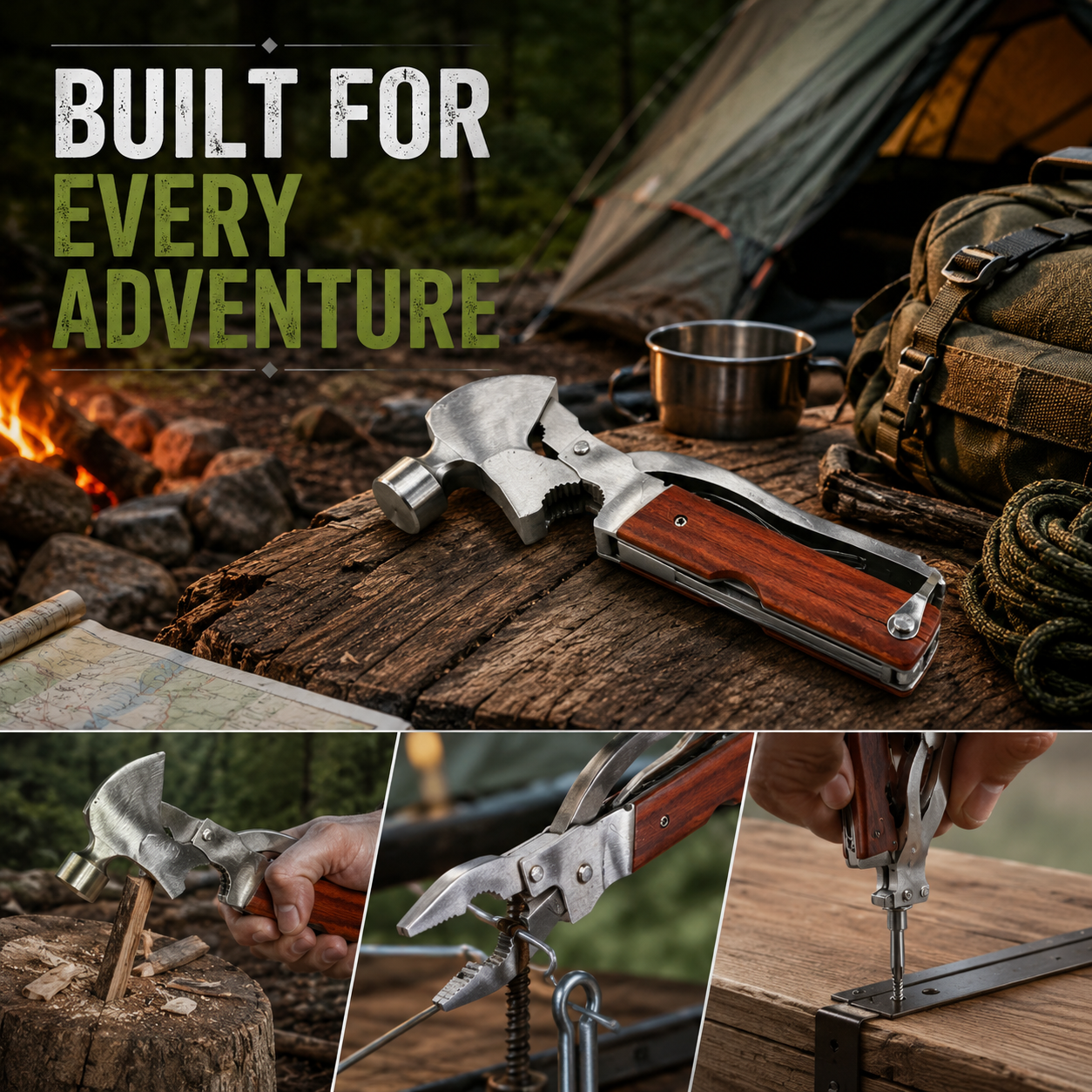 CRAZINOS 10-in-1 Multi Tool Hammer Axe | Stainless Steel Camping Survival Tool with Hatchet, Pliers, Saw & Screwdrivers