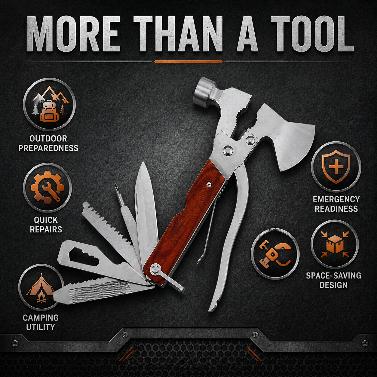 CRAZINOS 10-in-1 Multi Tool Hammer Axe | Stainless Steel Camping