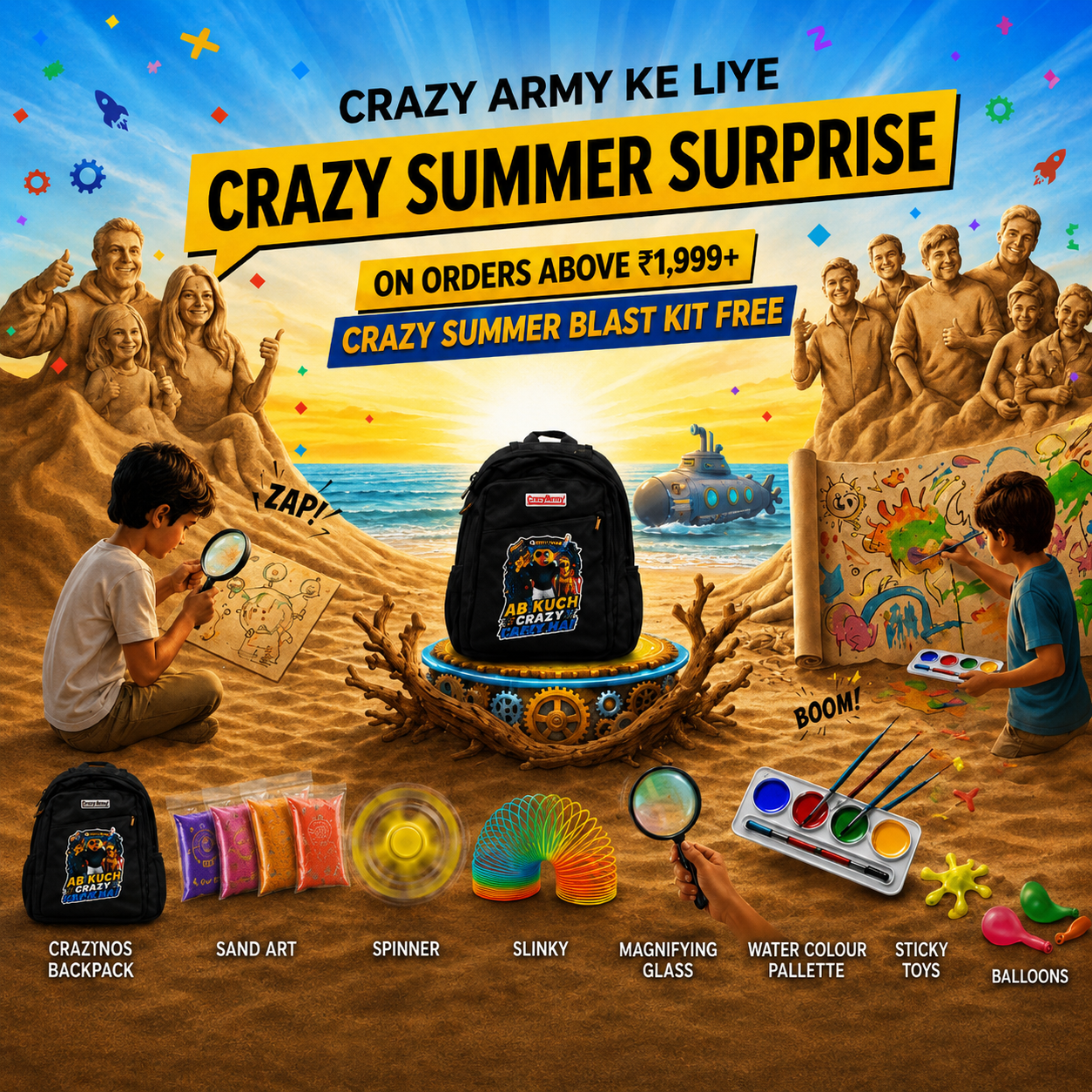 Crazinos Summer Blast Kit for Kids | Sand Art, Water Colours, Spinner, Slinky & More