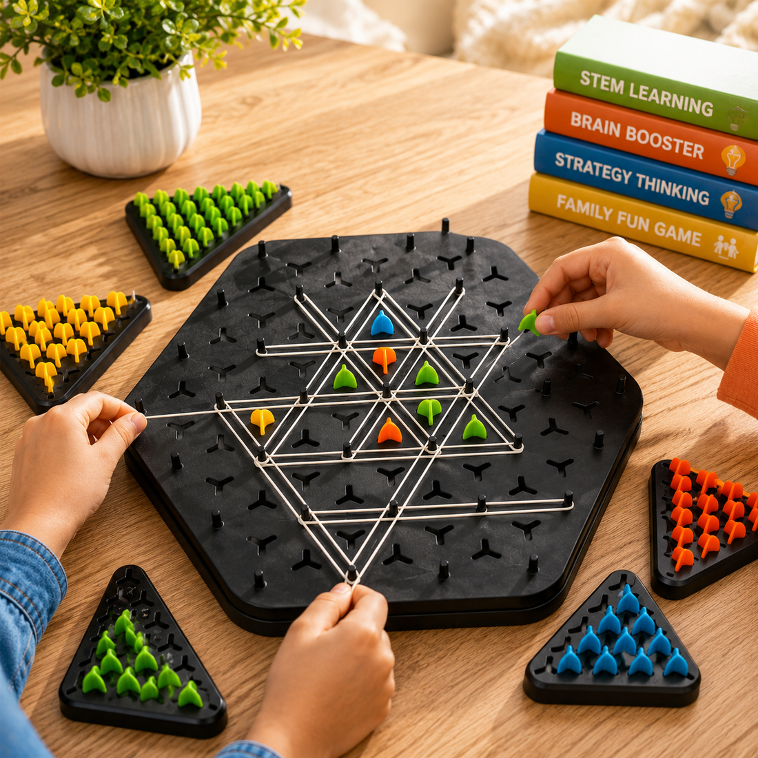CRAZINOS Triggle Triangle Chess Board Game for Kids & Adults | Rubber Band Strategy Puzzle Game | Fun Family Interactive Brain Teaser for 2-4 Players | Educational & Logical Thinking Game (Multicolor)
