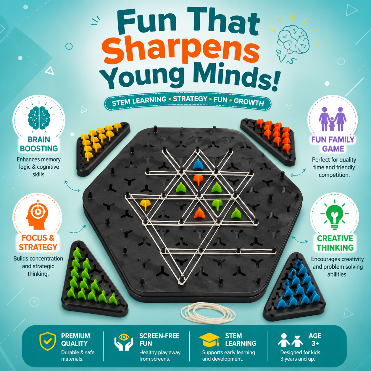 CRAZINOS Triggle Triangle Chess Board Game for Kids & Adults | Rubber Band Strategy Puzzle Game | Fun Family Interactive Brain Teaser for 2-4 Players | Educational & Logical Thinking Game (Multicolor)