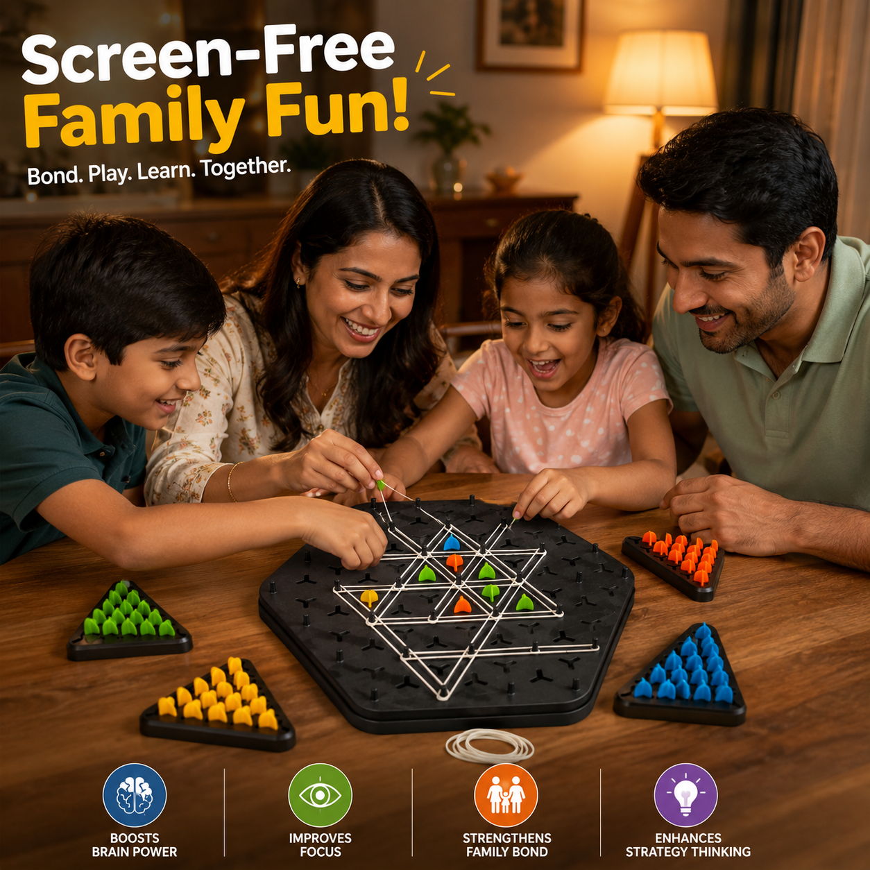 CRAZINOS Triggle Triangle Chess Board Game for Kids & Adults | Rubber Band Strategy Puzzle Game | Fun Family Interactive Brain Teaser for 2-4 Players | Educational & Logical Thinking Game (Multicolor)