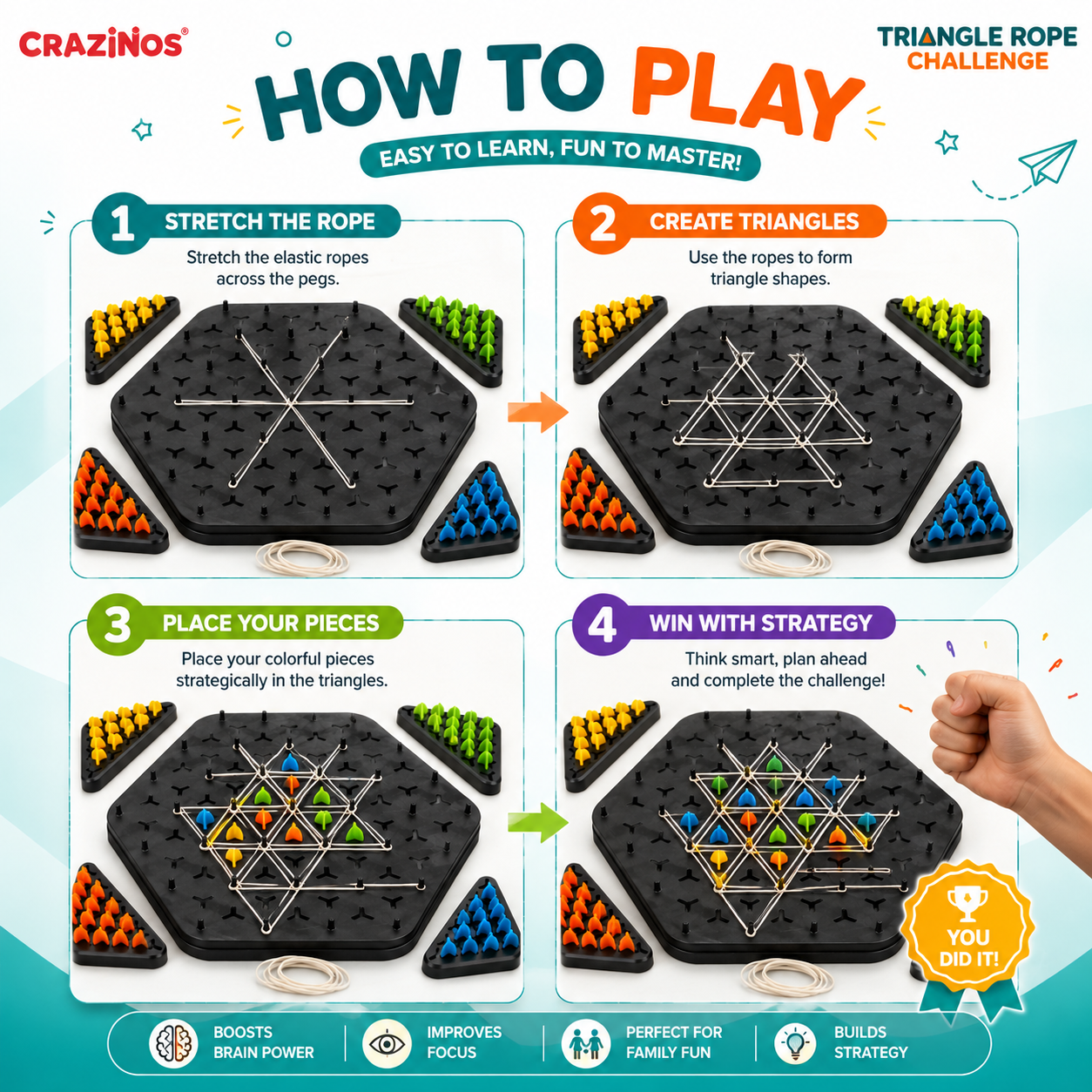 CRAZINOS Triggle Triangle Chess Board Game for Kids & Adults | Rubber Band Strategy Puzzle Game | Fun Family Interactive Brain Teaser for 2-4 Players | Educational & Logical Thinking Game (Multicolor)