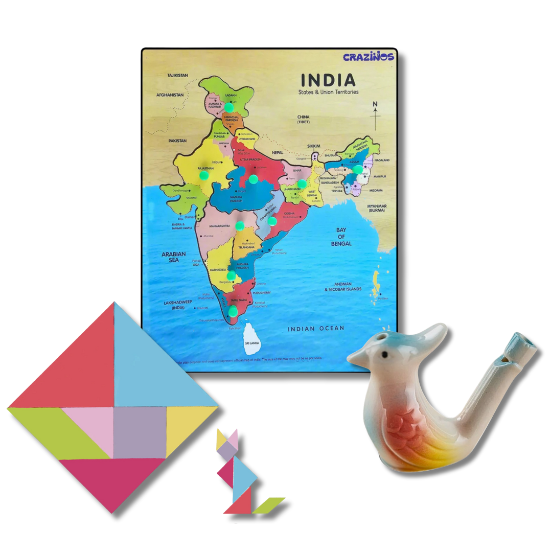 Crazinos Kids Learning Combo Pack | Kinetic Sand 1kg + 6-in-1 Board Games + India Map Puzzle + Tangram + Musical Water Whistle | STEM & Sensory Educational Toys for Kids Age 3+