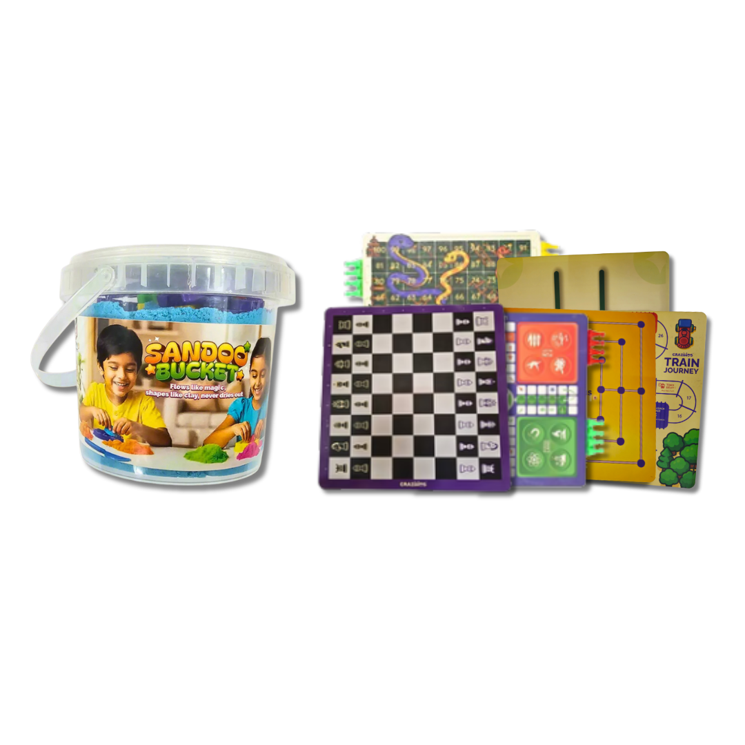 Crazinos Kids Learning Combo Pack | Kinetic Sand 1kg + 6-in-1 Board Games + India Map Puzzle + Tangram + Musical Water Whistle | STEM & Sensory Educational Toys for Kids Age 3+