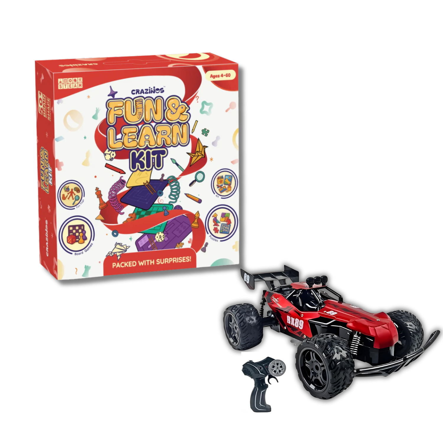 CRAZINOS Combo Pack – High-Speed RC Racing Car with LED Lights + 100-in-1 Fun & Learn Activity Kit | Educational & Action Toy Set for Kids 4+ | Perfect Birthday Gift