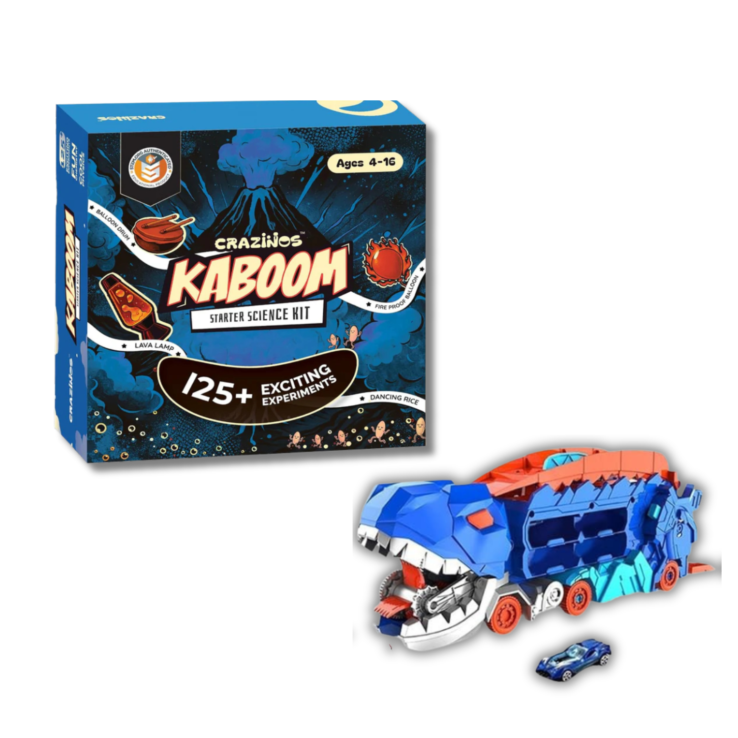 CRAZINOS Combo Pack – T-Rex Dinosaur Car Carrier Truck with Foldable 20-Inch Race Track + Kaboom 125+ Science Experiment Kit | Educational & Action Toy Set for Kids 3–16 Years | STEM + Adventure Play Gift