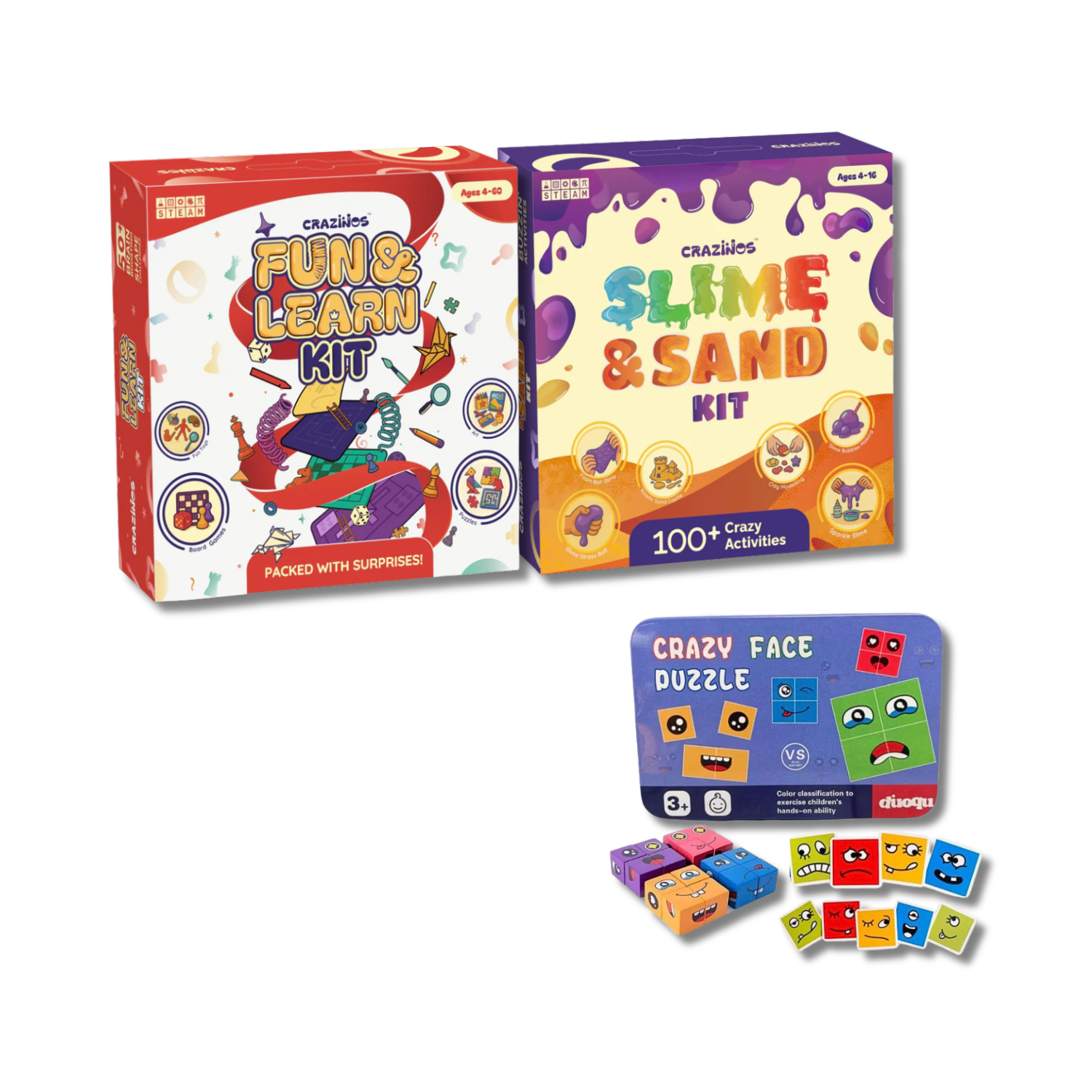 Crazinos 3-in-1 Activity Combo | 100+ Games, Slime & Sand Experiments, Wooden Emoji Puzzle | Fun Learning Toys for Kids 3–16 Years | DIY, Art & STEM Gift Set