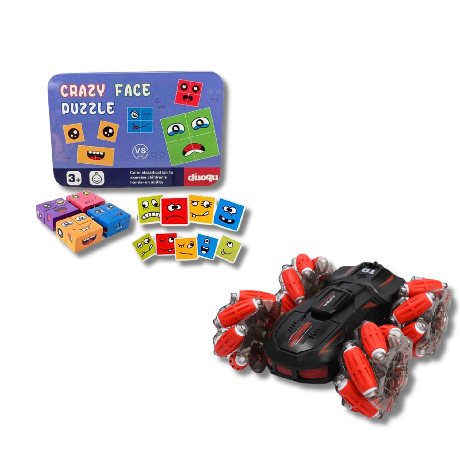 Crazinos Action & Brain Combo | 4x4 RC Drift Car with 360° Spin + Wooden Cube Face Puzzle | Smart Toys for Learning & Fun