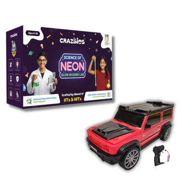 CRAZINOS Science of Neon Glow Lab Kit + G-Class Spray RC Car | Ultimate Action & Learning Combo for Kids | STEM DIY Experiments + Rechargeable Car with LED & Sound (Ages 4–18)