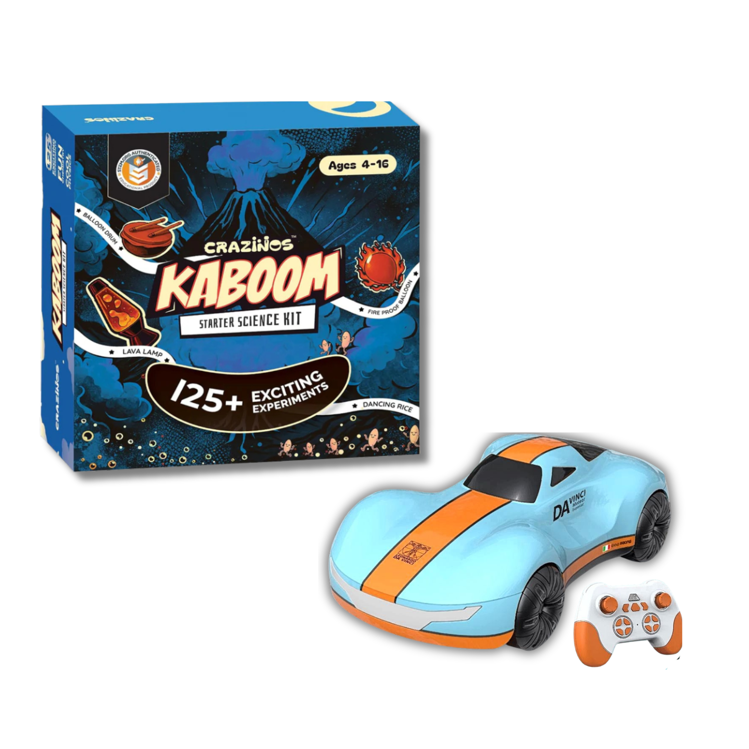 CRAZINOS Combo Pack – Remote Control Stunt Car (1:16 Scale, Gesture Sensing, Spray & Drift) + Kaboom Science Experiment Kit (125+ Fun STEM Projects) for Kids Ages 4–16