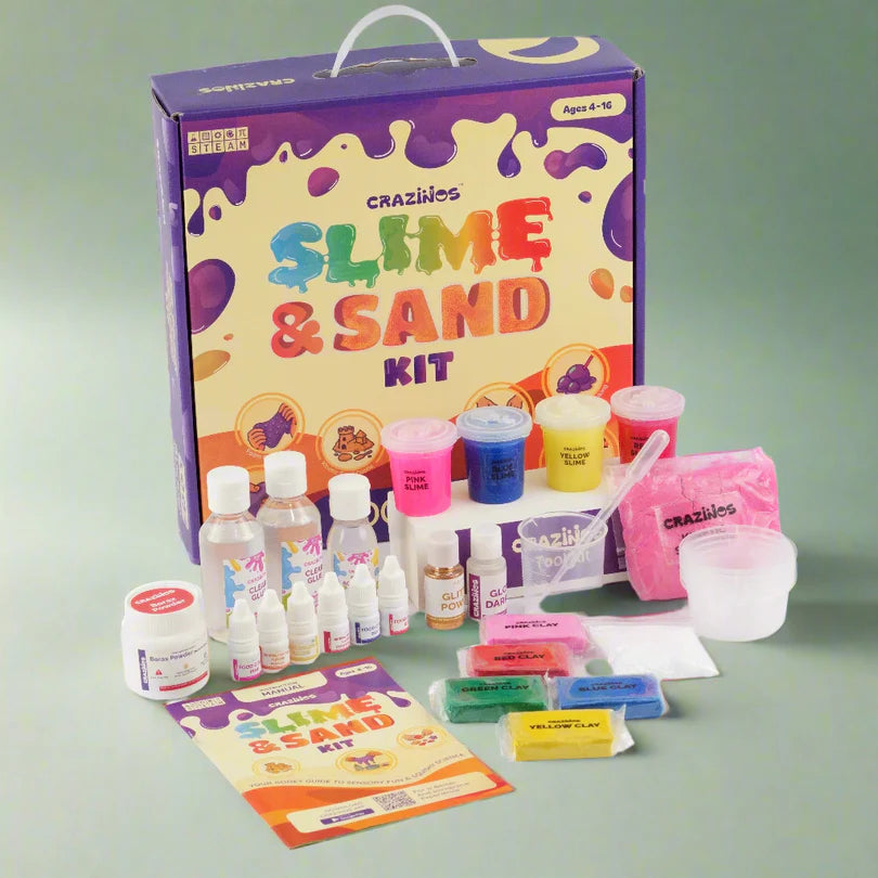 Crazinos 3-in-1 Activity Combo | 100+ Games, Slime & Sand Experiments, Wooden Emoji Puzzle | Fun Learning Toys for Kids 3–16 Years | DIY, Art & STEM Gift Set