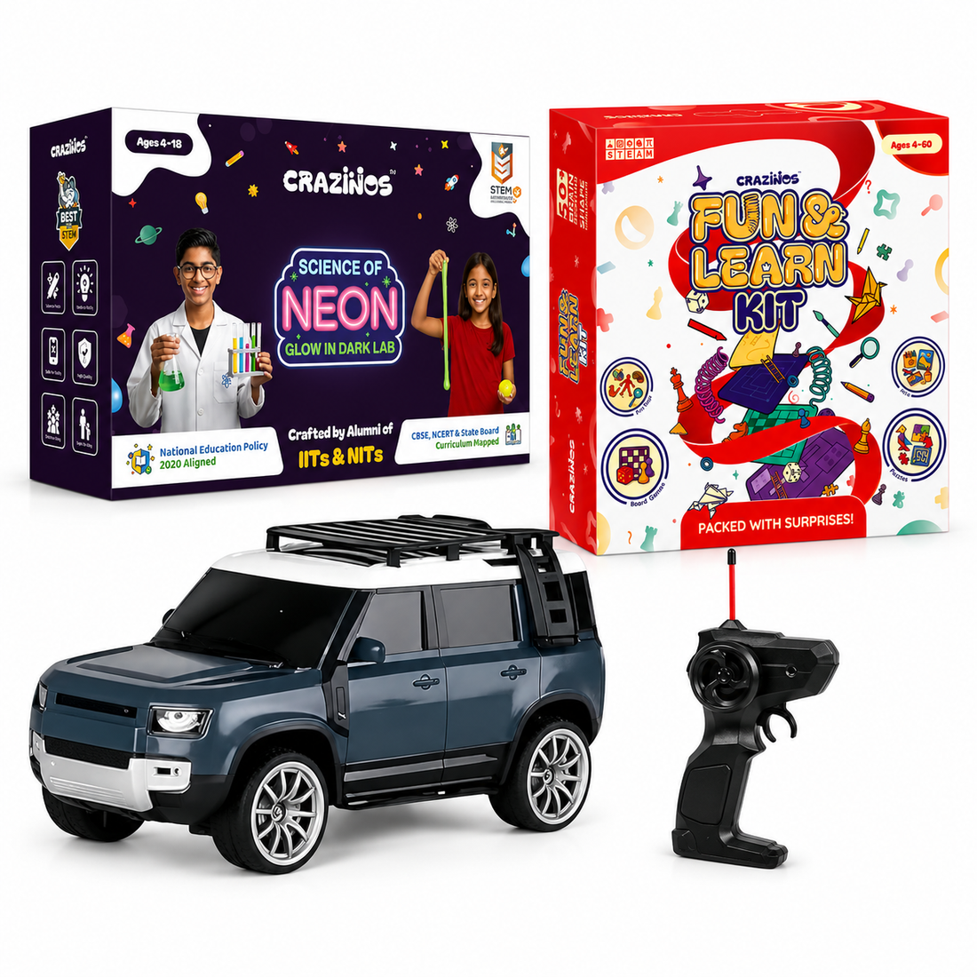 CRAZINOS Fun & Learn Games Kit, Glow in Dark Science Kit & Defender RC Car Combo for Kids | 100+ Educational Activities, 20+ DIY STEM Experiments & Rechargeable Remote Control SUV Toy | Learning & Racing Toy Set for Boys & Girls Age 4-18 Years