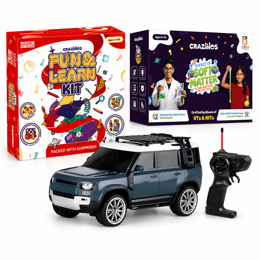 CRAZINOS Fun & Learn Games Kit, Slime & Clay Sensory Play Set & Defender RC Car Combo for Kids | STEM Learning Board Games, Creative Activity Kit & Rechargeable Remote Control SUV Toy | Educational Toy Set for Boys & Girls Age 5-12 Years