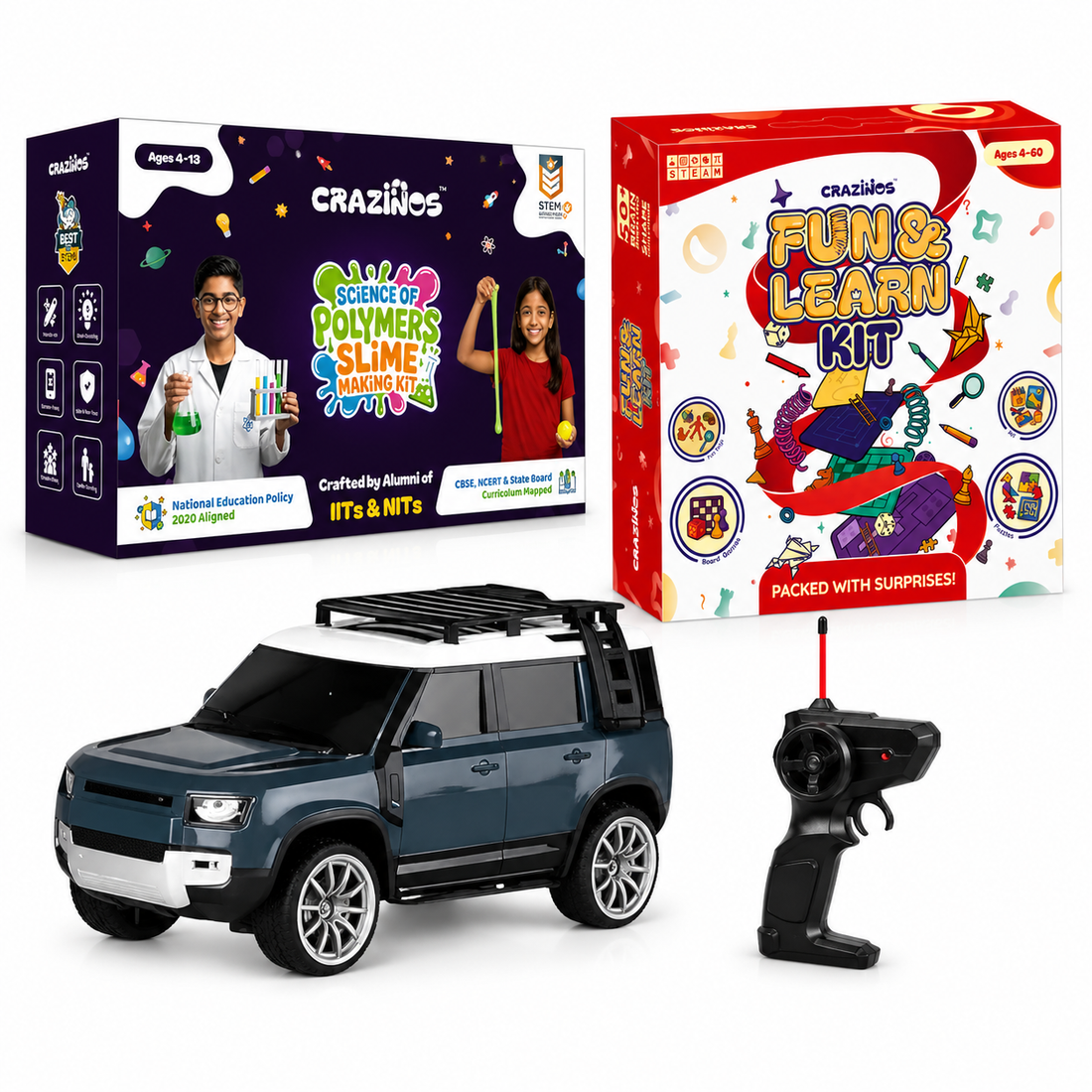CRAZINOS Fun & Learn Games Kit, DIY Slime Kit & Defender RC Car Combo for Kids | 100+ Educational Activities, Scented Slime Sensory Play Set & Rechargeable Remote Control SUV Toy | Learning & Racing Toy Set for Boys & Girls Age 3-10 Years
