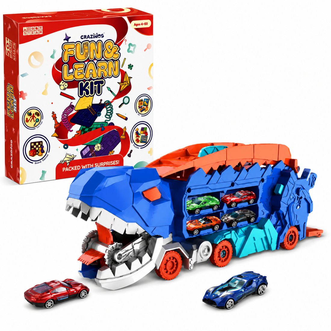 CRAZINOS Ultimate Kids Fun Combo | 100+ Activities Learning Games Kit & Dinosaur Transport Truck with Foldable Race Track | STEM Educational Birthday Gift for Boys & Girls