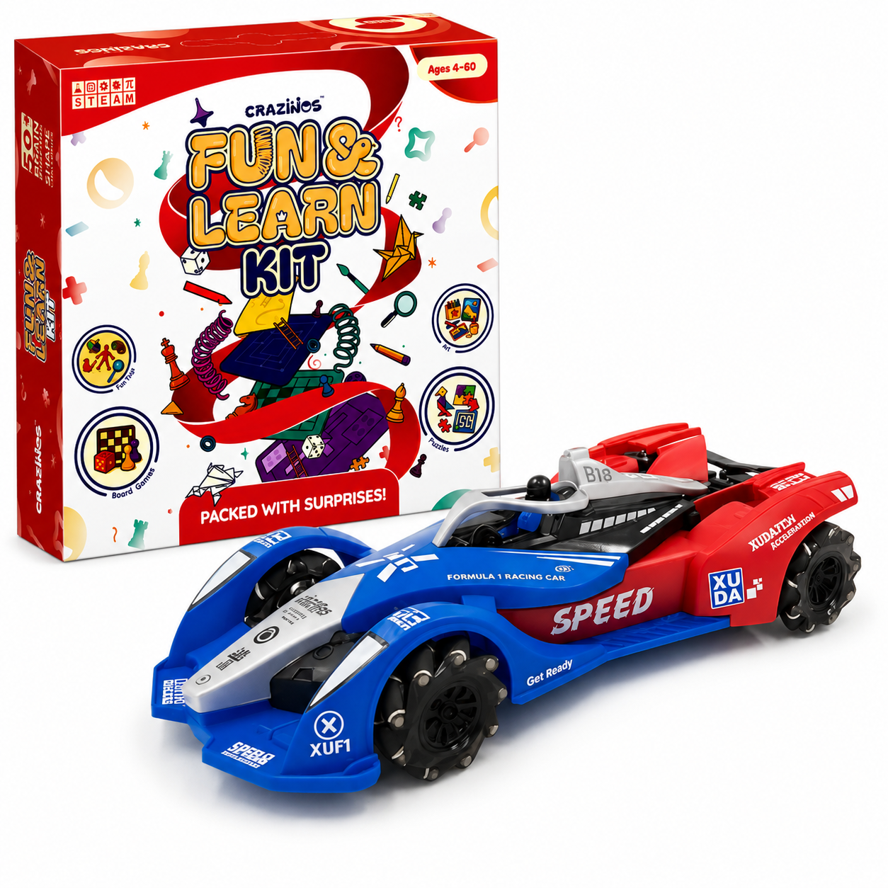 CRAZINOS Fun & Learn Games Kit & Gesture Control RC Racing Car Combo for Kids | 100+ Educational Activities, 6-in-1 Board Games & Rechargeable 4WD Drift RC Car with Lights, Music & Spray Effect | STEM Learning & Racing Toy Set for Boys & Girls 4+ Years