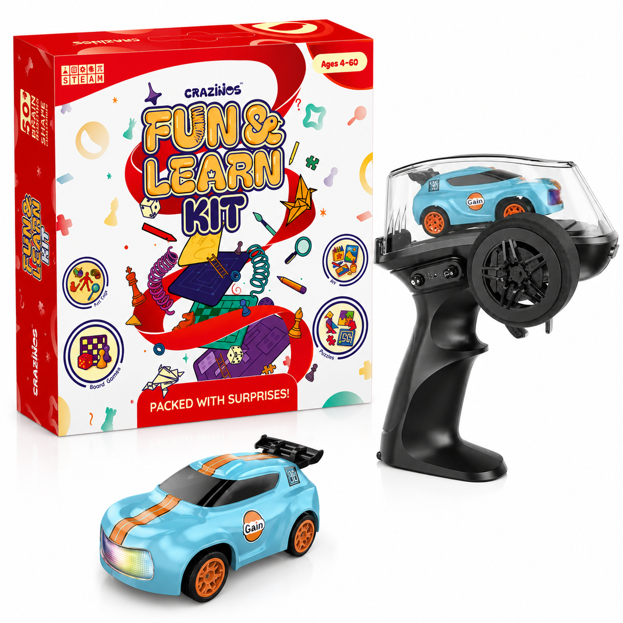 CRAZINOS Fun & Learn Games Kit & Mini RC Drift Car Combo for Kids | 100+ Educational Activities, 6-in-1 Board Games & 1:64 Scale Remote Control Racing Car with LED Lights | STEM Learning & Racing Toy Set for Boys & Girls