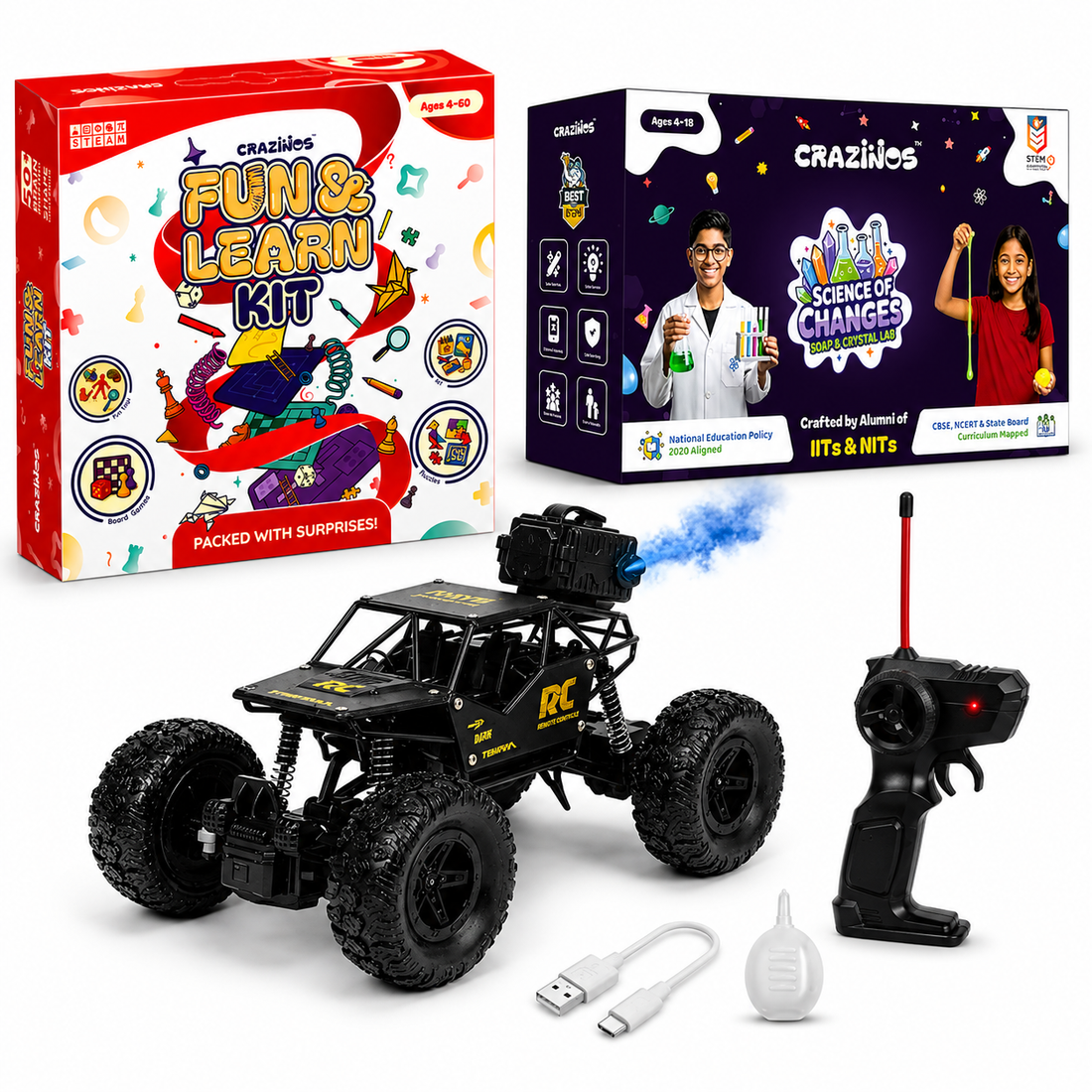 CRAZINOS Fun & Learn Games Kit with Soap & Crystal STEM Kit and Off-Road RC Monster Truck Combo for Kids | 100+ Educational Activities, DIY Science Experiments & Rechargeable RC Truck | Learning & Racing Toy Set for Boys & Girls Age 4–18 Years