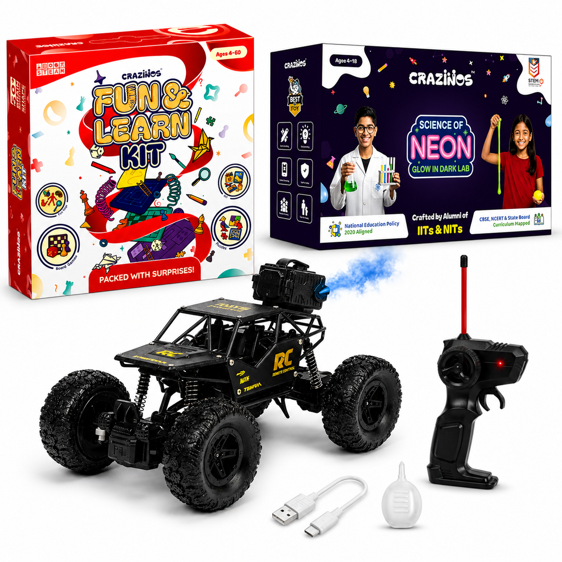 CRAZINOS Fun & Learn Games Kit with Glow in Dark Science Kit and Off-Road RC Monster Truck Combo for Kids | 100+ Activities, 20+ STEM Experiments & Rechargeable RC Car Toy | Learning, Science & Racing Gift Set for Boys & Girls Age 4–18 Years