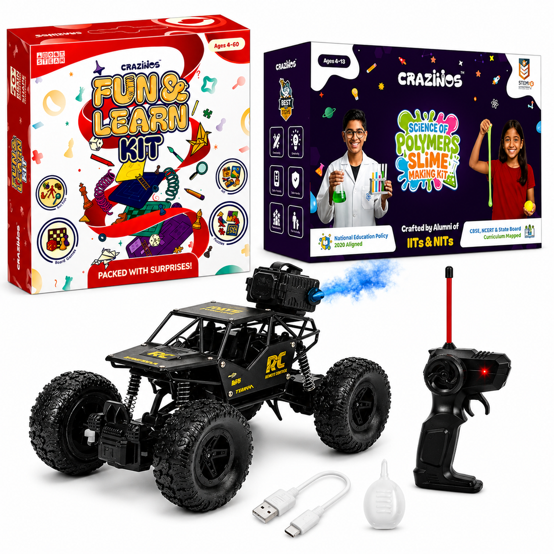 CRAZINOS Fun & Learn Games Kit with DIY Slime Kit and Off-Road RC Monster Truck Combo for Kids | 100+ Educational Activities, Scented Slime Sensory Play & Rechargeable RC Car | STEM Learning & Racing Toy Set for Boys & Girls Age 3–10 Years