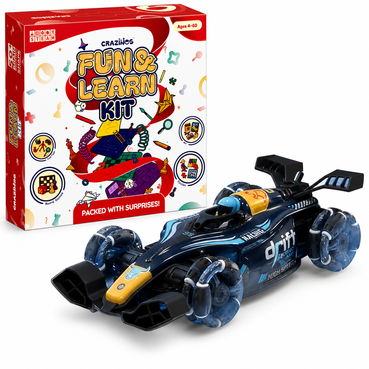CRAZINOS Fun & Learn Games Kit & RC Drift Stunt Car Combo for Kids | 100+ Educational Activities, 6-in-1 Board Games & 1:14 Gesture Control RC Racing Car with LED Lights & Smoke Effect | STEM Learning & Racing Toy Set for Boys & Girls Age 4+ Years