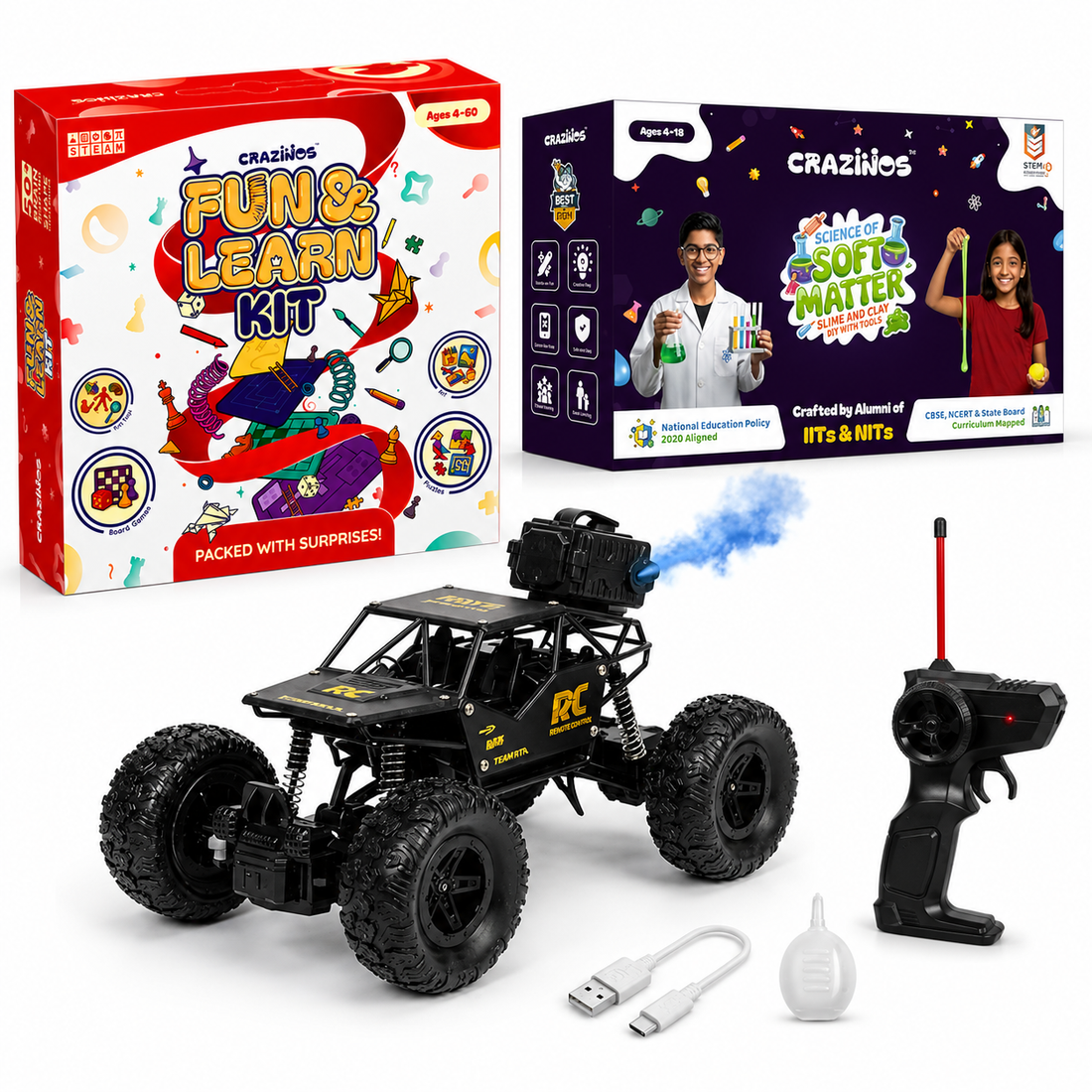 CRAZINOS Fun & Learn Games Kit with Slime & Clay Sensory Play Set and Off-Road RC Monster Truck Combo for Kids | 100+ STEM Activities, Creative Learning Toys & Rechargeable Remote Control Racing Truck | Educational Gift for Boys & Girls Age 5–12 Years