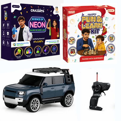 CRAZINOS Fun & Learn Games Kit, Glow in Dark Science Kit & Defender RC Car Combo for Kids | 100+ Educational Activities, 20+ DIY STEM Experiments & Rechargeable Remote Control SUV Toy | Learning & Racing Toy Set for Boys & Girls Age 4-18 Years