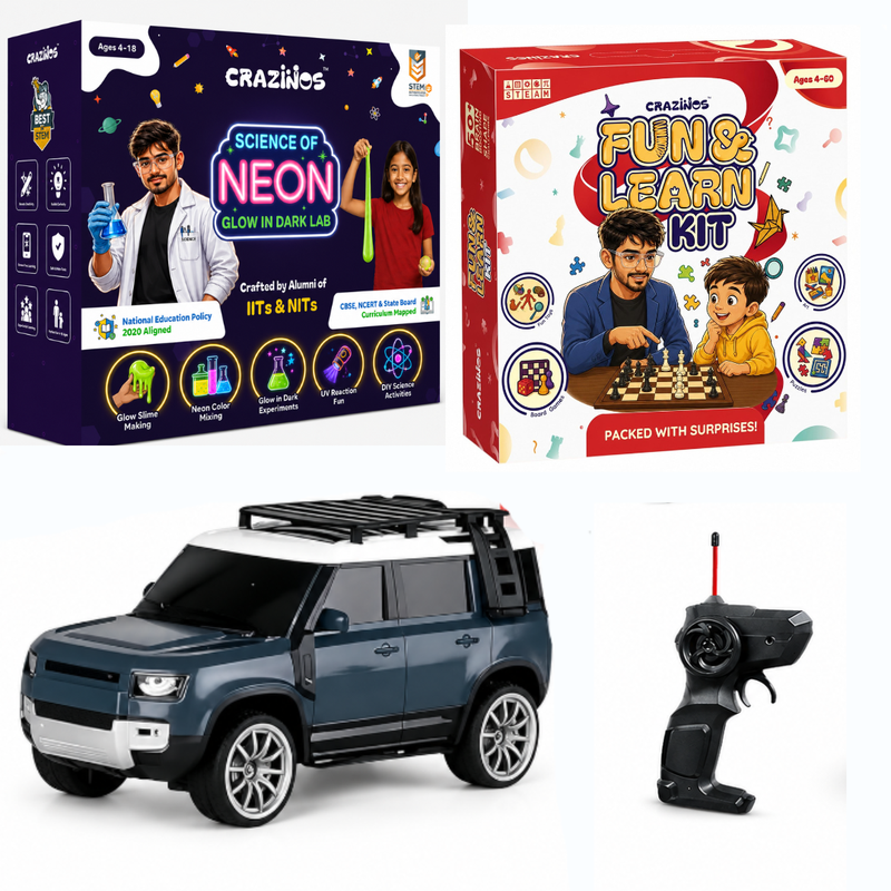 CRAZINOS Fun & Learn Games Kit, Glow in Dark Science Kit & Defender RC Car Combo for Kids | 100+ Educational Activities, 20+ DIY STEM Experiments & Rechargeable Remote Control SUV Toy | Learning & Racing Toy Set for Boys & Girls Age 4-18 Years