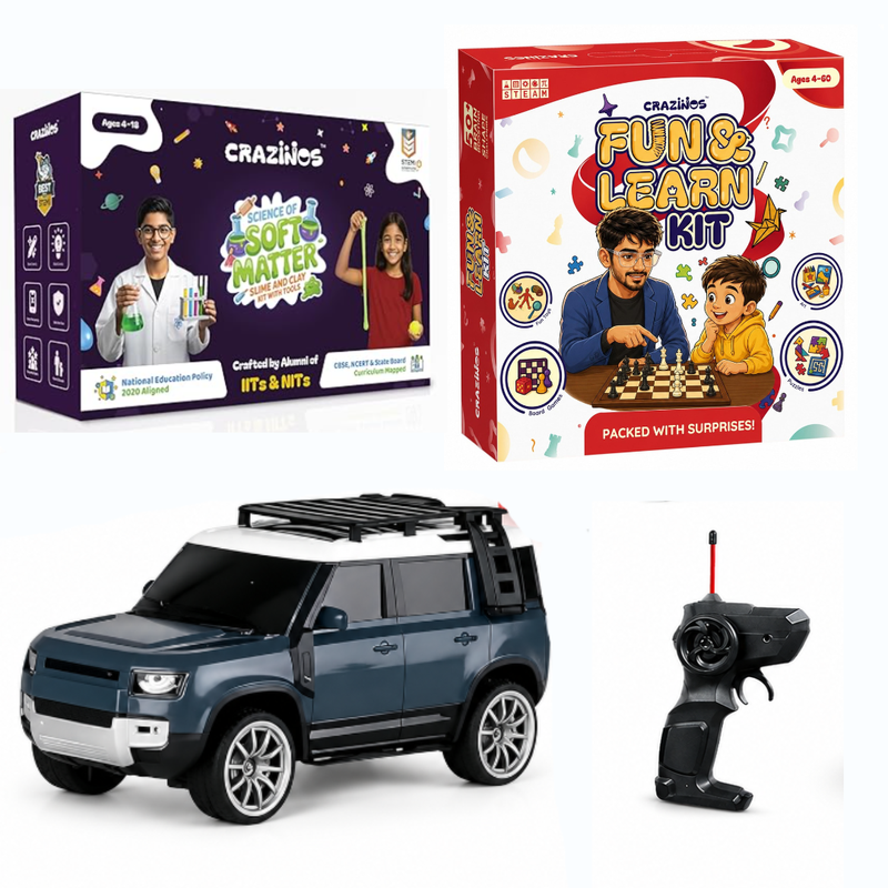 CRAZINOS Fun & Learn Games Kit, Slime & Clay Sensory Play Set & Defender RC Car Combo for Kids | STEM Learning Board Games, Creative Activity Kit & Rechargeable Remote Control SUV Toy | Educational Toy Set for Boys & Girls Age 5-12 Years