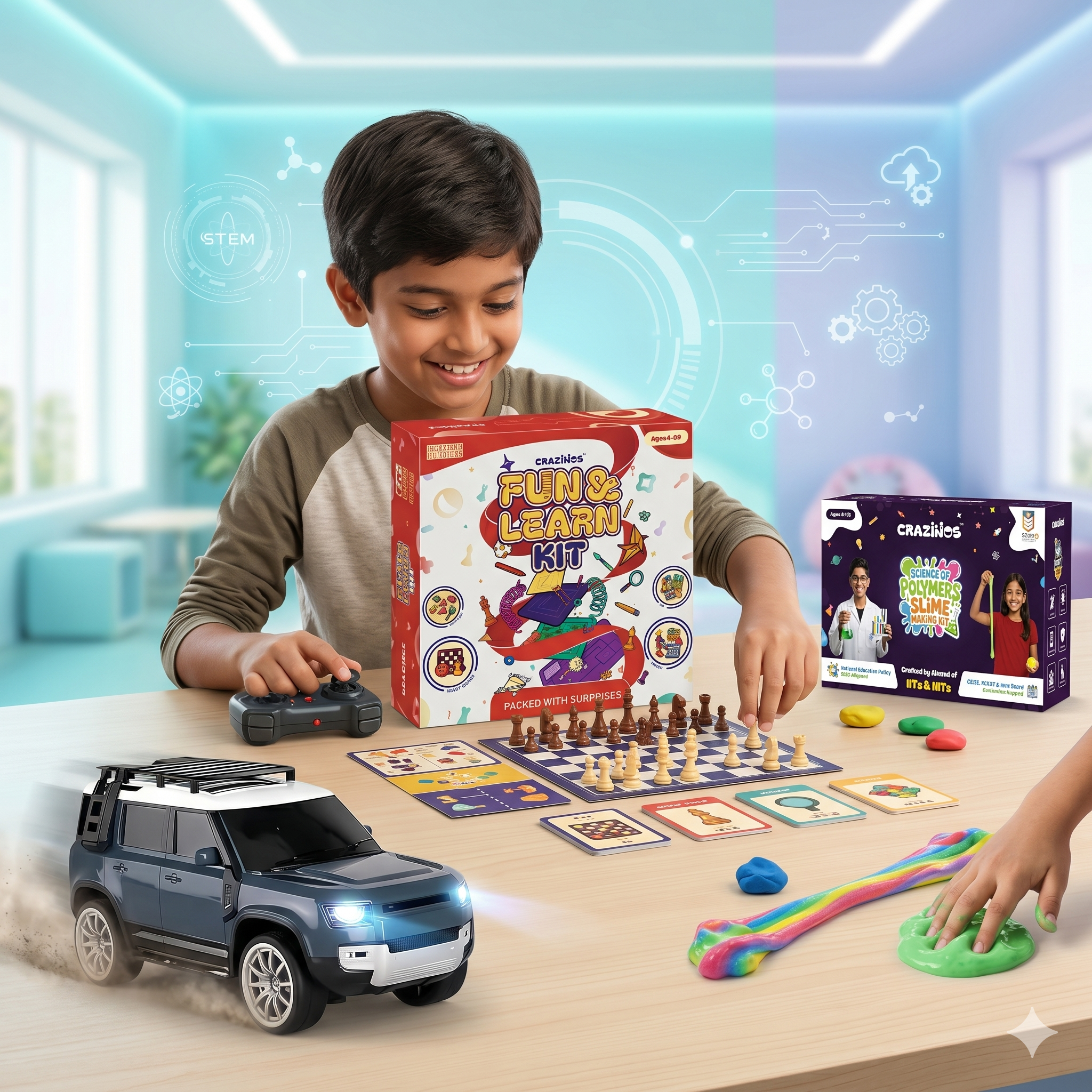 CRAZINOS Fun & Learn Games Kit, DIY Slime Kit & Defender RC Car Combo for Kids | 100+ Educational Activities, Scented Slime Sensory Play Set & Rechargeable Remote Control SUV Toy | Learning & Racing Toy Set for Boys & Girls Age 3-10 Years