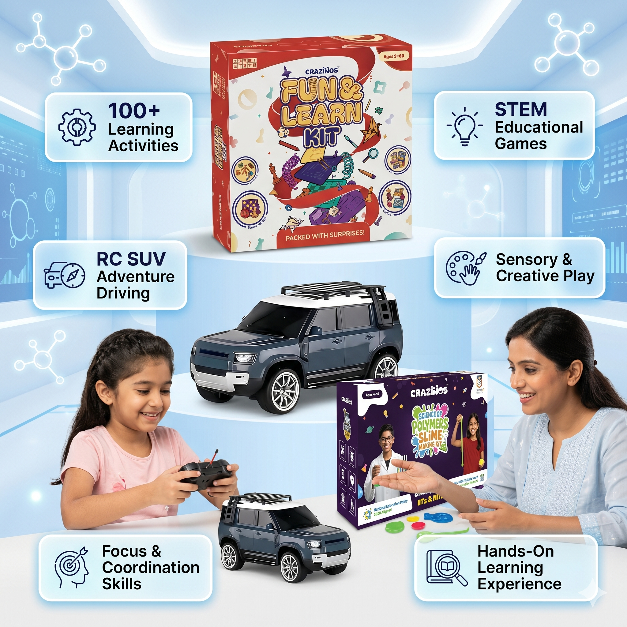 CRAZINOS Fun & Learn Games Kit, DIY Slime Kit & Defender RC Car Combo for Kids | 100+ Educational Activities, Scented Slime Sensory Play Set & Rechargeable Remote Control SUV Toy | Learning & Racing Toy Set for Boys & Girls Age 3-10 Years