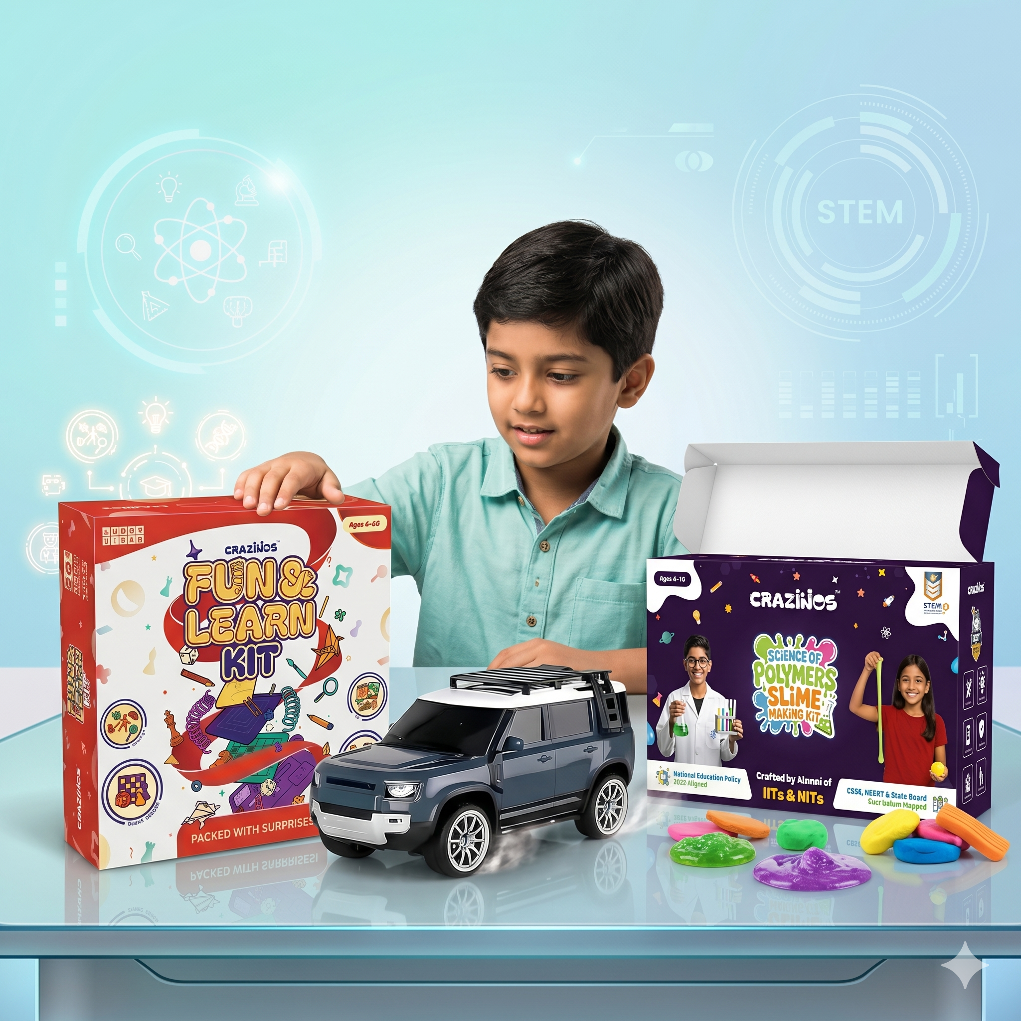 CRAZINOS Fun & Learn Games Kit, DIY Slime Kit & Defender RC Car Combo for Kids | 100+ Educational Activities, Scented Slime Sensory Play Set & Rechargeable Remote Control SUV Toy | Learning & Racing Toy Set for Boys & Girls Age 3-10 Years