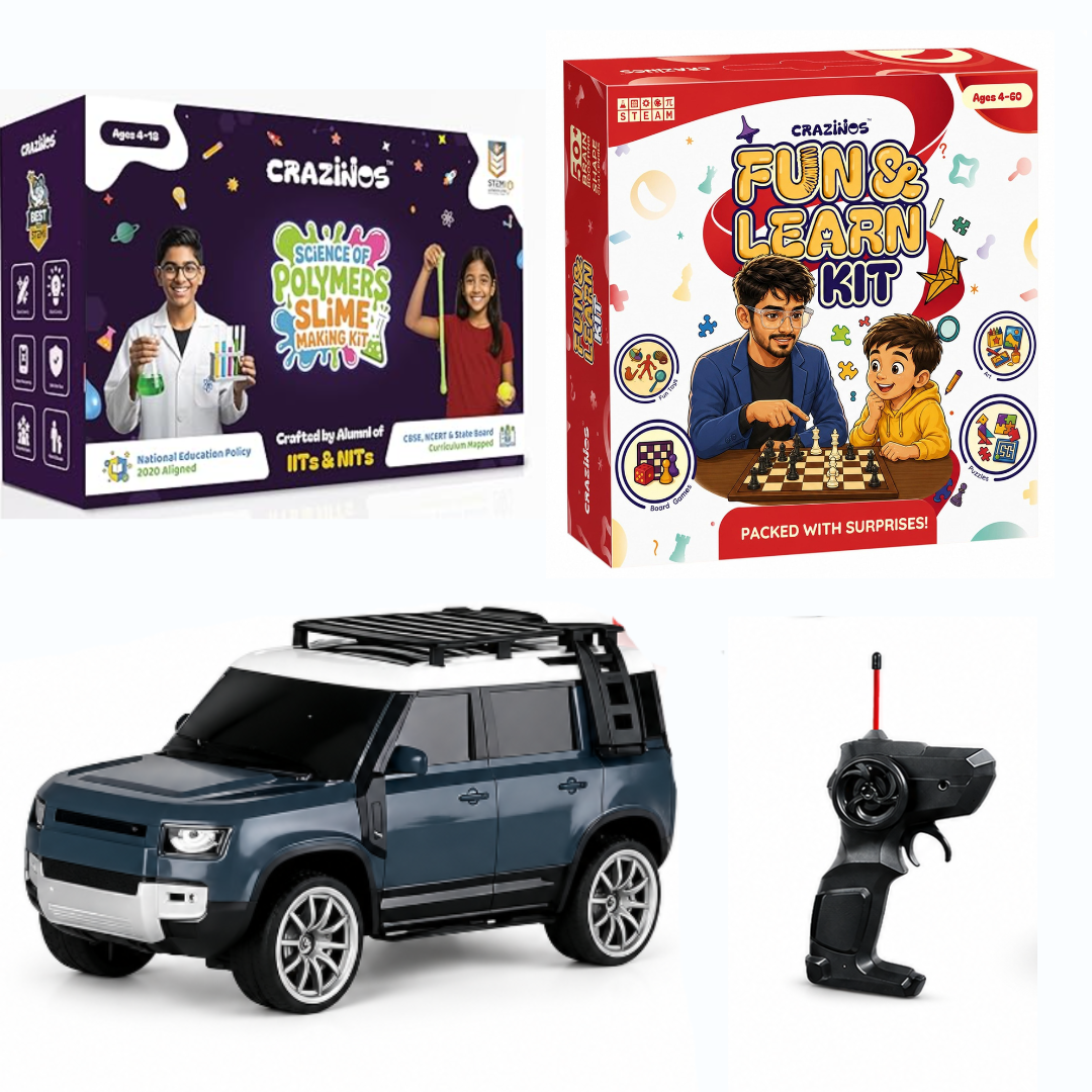 CRAZINOS Fun & Learn Games Kit, DIY Slime Kit & Defender RC Car Combo for Kids | 100+ Educational Activities, Scented Slime Sensory Play Set & Rechargeable Remote Control SUV Toy | Learning & Racing Toy Set for Boys & Girls Age 3-10 Years