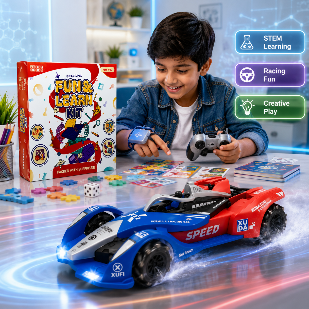 CRAZINOS Fun & Learn Games Kit & Gesture Control RC Racing Car Combo for Kids | 100+ Educational Activities, 6-in-1 Board Games & Rechargeable 4WD Drift RC Car with Lights, Music & Spray Effect | STEM Learning & Racing Toy Set for Boys & Girls 4+ Years