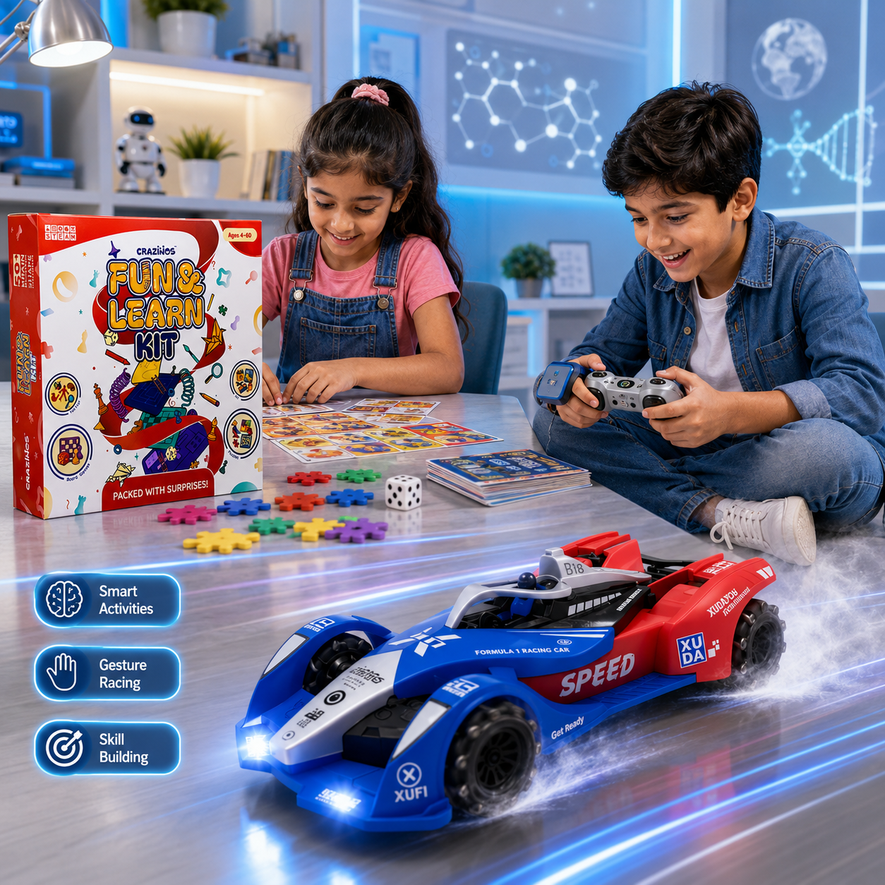 CRAZINOS Fun & Learn Games Kit & Gesture Control RC Racing Car Combo for Kids | 100+ Educational Activities, 6-in-1 Board Games & Rechargeable 4WD Drift RC Car with Lights, Music & Spray Effect | STEM Learning & Racing Toy Set for Boys & Girls 4+ Years