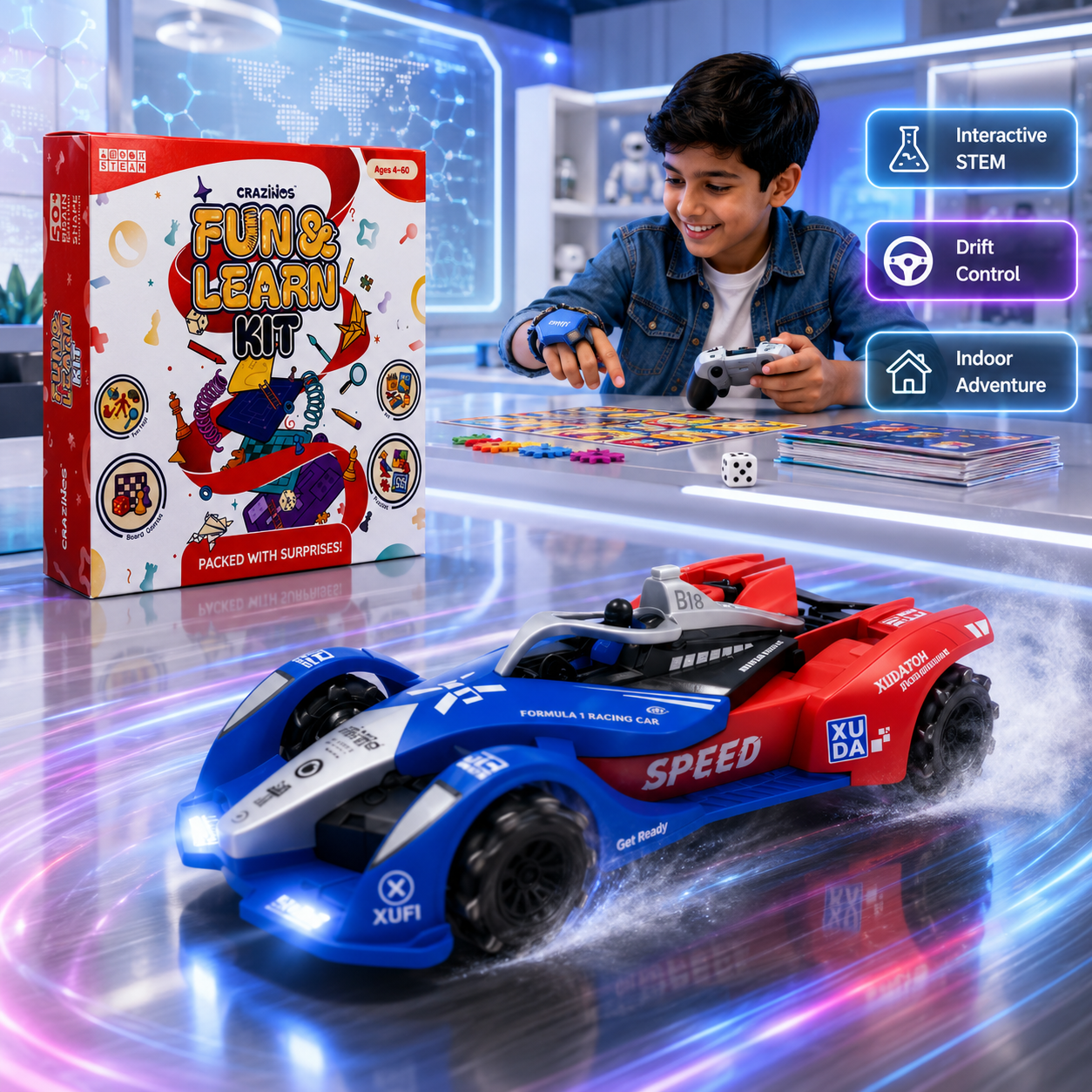 CRAZINOS Fun & Learn Games Kit & Gesture Control RC Racing Car Combo for Kids | 100+ Educational Activities, 6-in-1 Board Games & Rechargeable 4WD Drift RC Car with Lights, Music & Spray Effect | STEM Learning & Racing Toy Set for Boys & Girls 4+ Years
