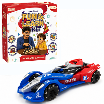 CRAZINOS Fun & Learn Games Kit & Gesture Control RC Racing Car Combo for Kids | 100+ Educational Activities, 6-in-1 Board Games & Rechargeable 4WD Drift RC Car with Lights, Music & Spray Effect | STEM Learning & Racing Toy Set for Boys & Girls 4+ Years