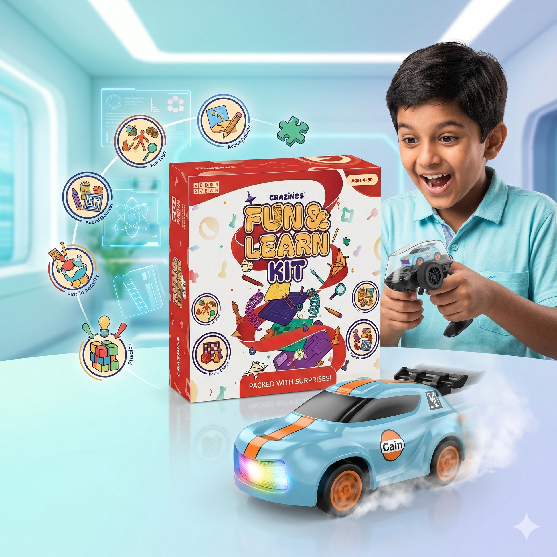 CRAZINOS Fun & Learn Games Kit & Mini RC Drift Car Combo for Kids
