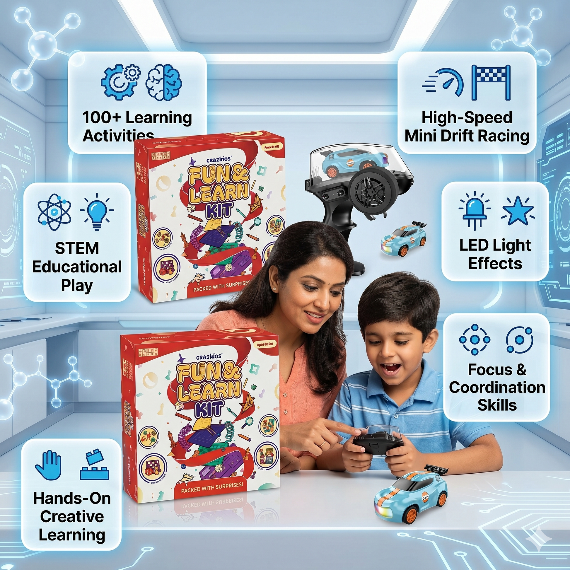 CRAZINOS Fun & Learn Games Kit & Mini RC Drift Car Combo for Kids