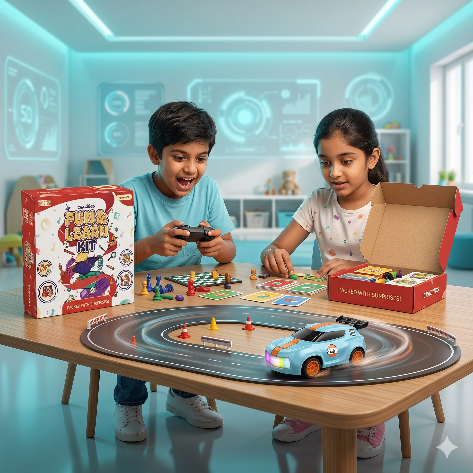 CRAZINOS Fun & Learn Games Kit & Mini RC Drift Car Combo for Kids