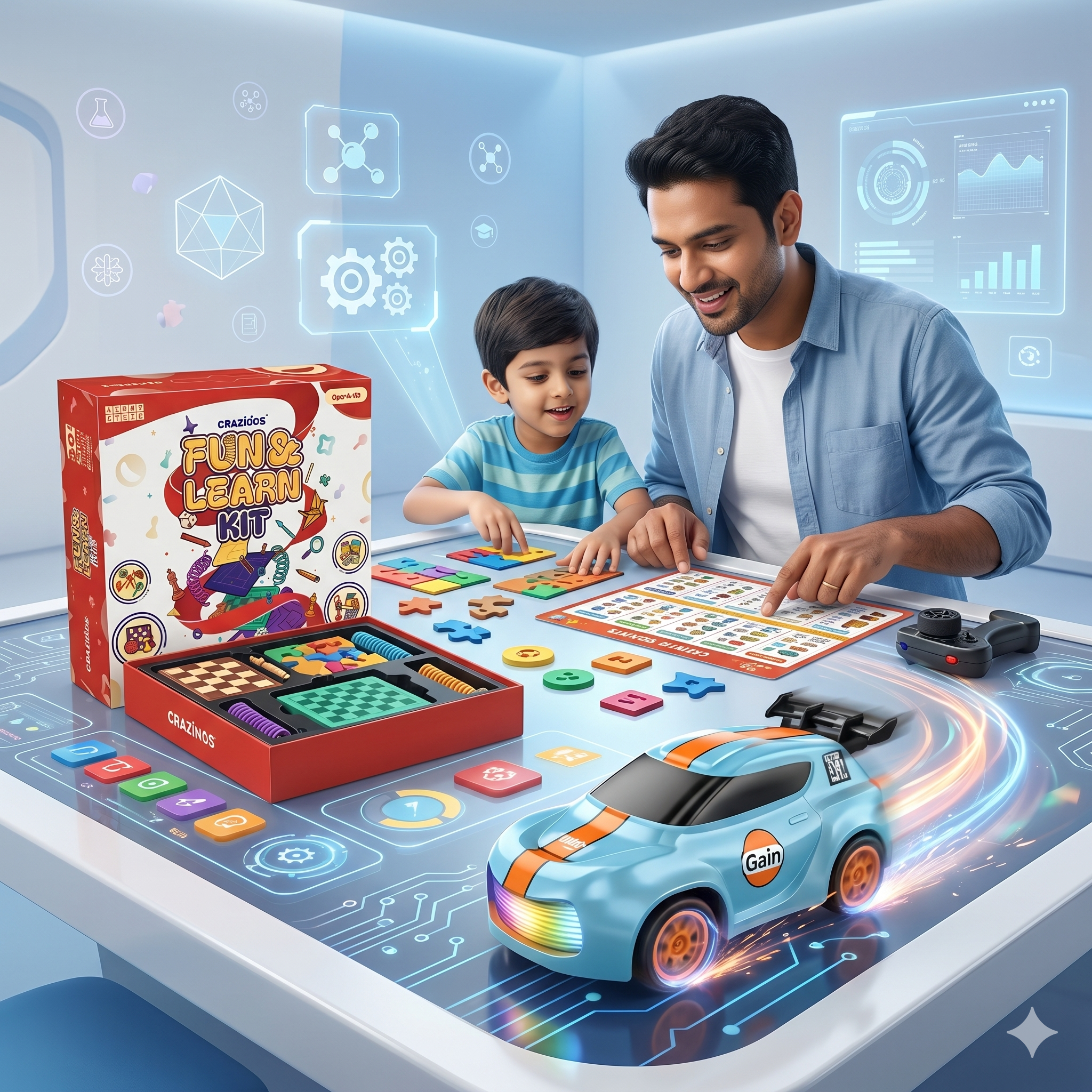 CRAZINOS Fun & Learn Games Kit & Mini RC Drift Car Combo for Kids | 100+ Educational Activities, 6-in-1 Board Games & 1:64 Scale Remote Control Racing Car with LED Lights | STEM Learning & Racing Toy Set for Boys & Girls